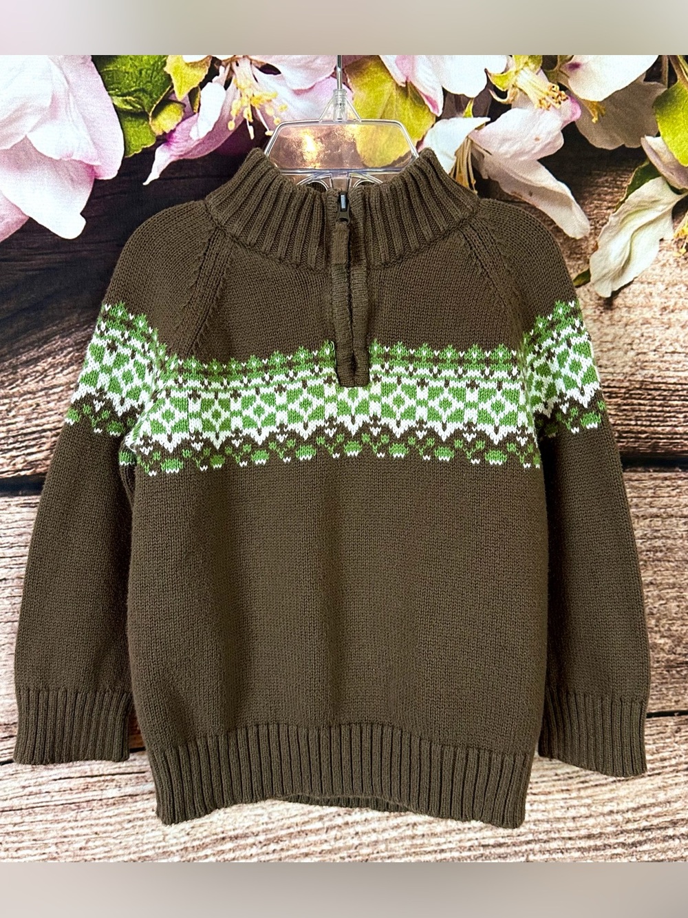 Cherokee Toddler Boys Cotton Brown Fair Isle Pattern Knit Soft Sweater Pullover